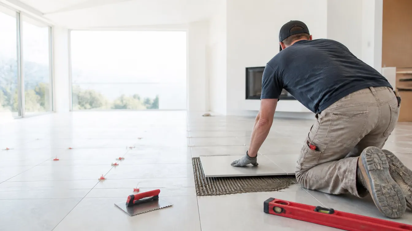 Tile setter laying large-format porcelain in a bright Okanagan home